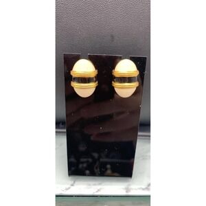 Vintage Monet Gold Tone And Black & Cream Enamel Oval Pierced Earrings